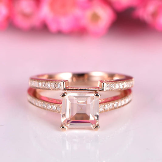 Morganite engagement ring set asscher cut morganite ring natural gemstone half eternity diamond matching band stacking ring 14k rose gold