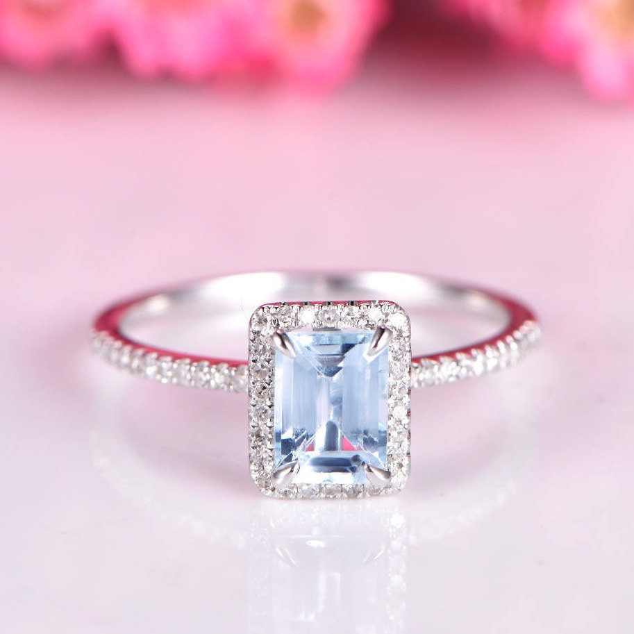 Aquamarine ring emerald cut aquamarine engagement ring 5x7mm natural main stone diamond band diamond halo solid 14k white gold bridal ring