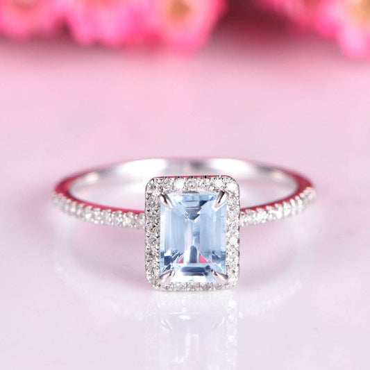 Aquamarine ring emerald cut aquamarine engagement ring 5x7mm natural main stone diamond band diamond halo solid 14k white gold bridal ring