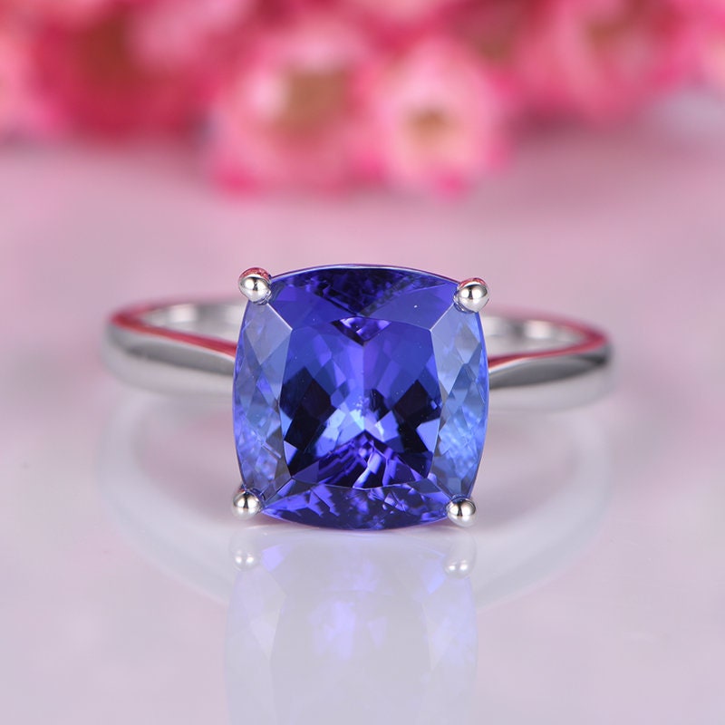 Tanzanite engagement ring 14k white plain gold band 8mm cushion cut natural tanzanite AAA color gemstone solitaire ring anniversary ring