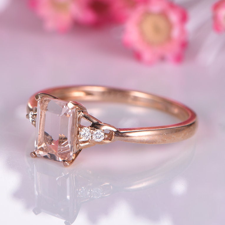 Morganite engagement ring rose gold natural diamond wedding ring 5x7mm emerald cut VS clarity pink stone 14k gold jewelry customized gift