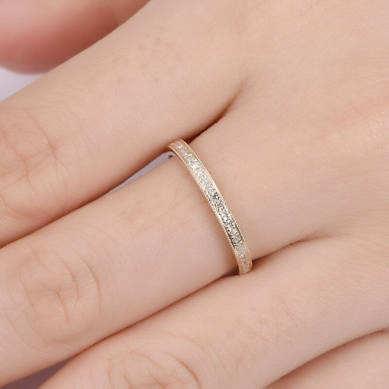 14k yellow gold diamond wedding band half eternity stacking matching band milgrain style pave set natural diamond anniversary ring