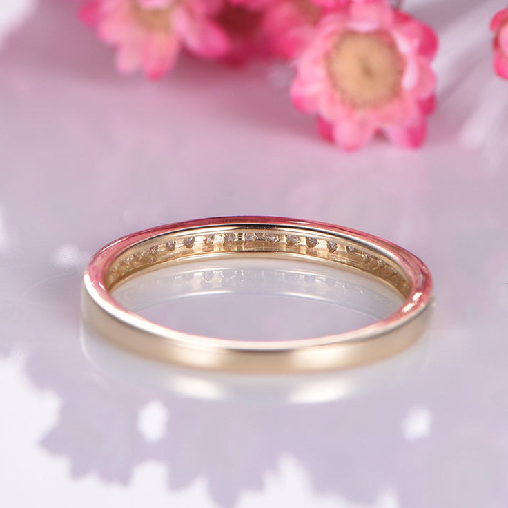14k yellow gold diamond wedding band half eternity stacking matching band milgrain style pave set natural diamond anniversary ring