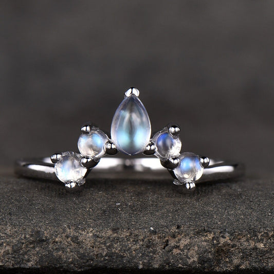 Moonstone Ring Natural Rainbow Moonstone Gemstone Sterling Silver Ring Curve Matching Band Stacking Ring Moonstne Jewelry June Birthstone