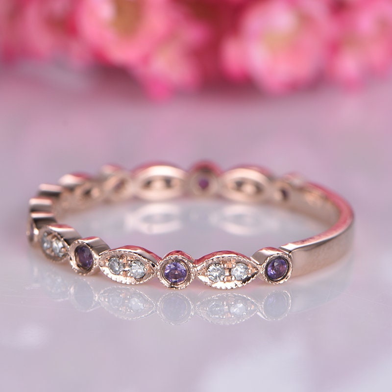 Amethyst diamond ring 14k rose gold 3/4 eternity promise ring natural birthstone matching band pave set Milgrain Marquise Style