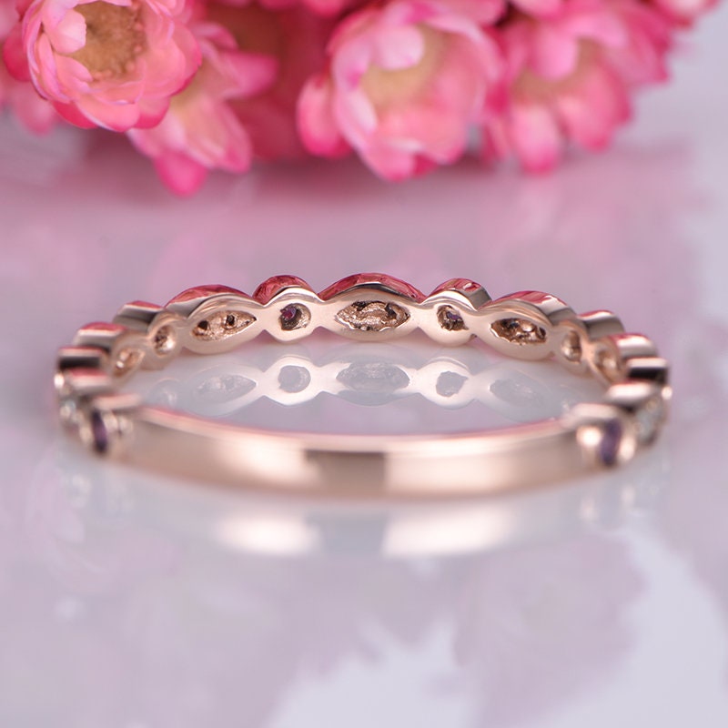 Amethyst diamond ring 14k rose gold 3/4 eternity promise ring natural birthstone matching band pave set Milgrain Marquise Style