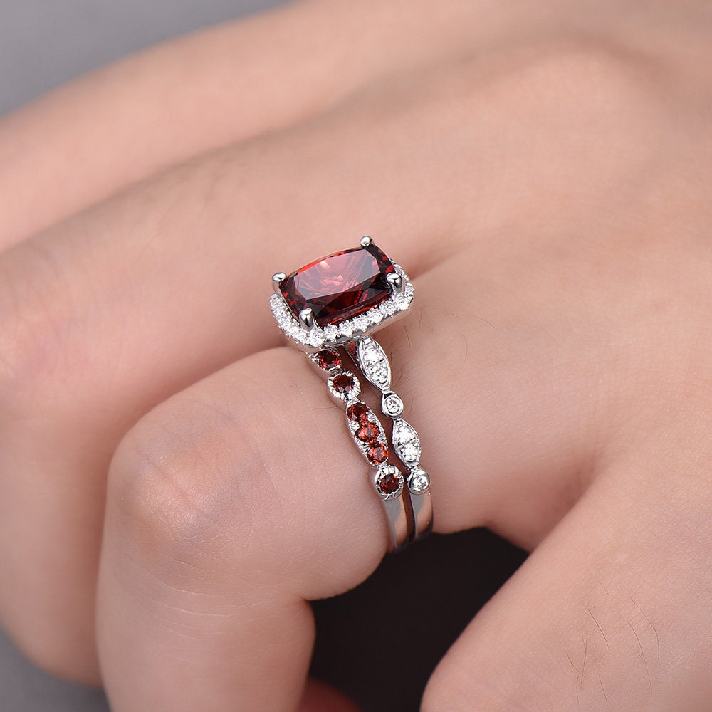 Garnet Wedding Set Natural Red Garnet Cushion Cut Sterling Silver Ring Art Deco Wedding Band Handmade Gift Birthday Gift Ring Vintage