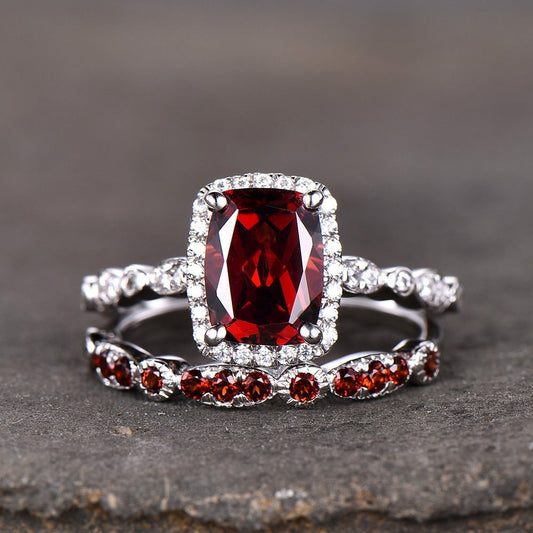 Garnet Wedding Set Natural Red Garnet Cushion Cut Sterling Silver Ring Art Deco Wedding Band Handmade Gift Birthday Gift Ring Vintage