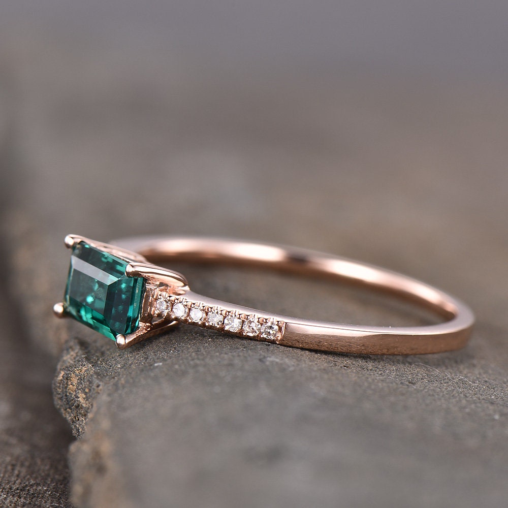 Dainty Moss Agate Rose Gold Ring Emerald Cut Moss Agate Engagement Ring Art Deco Half Eternity Bridal Wedding Promise Ring Gift for Her