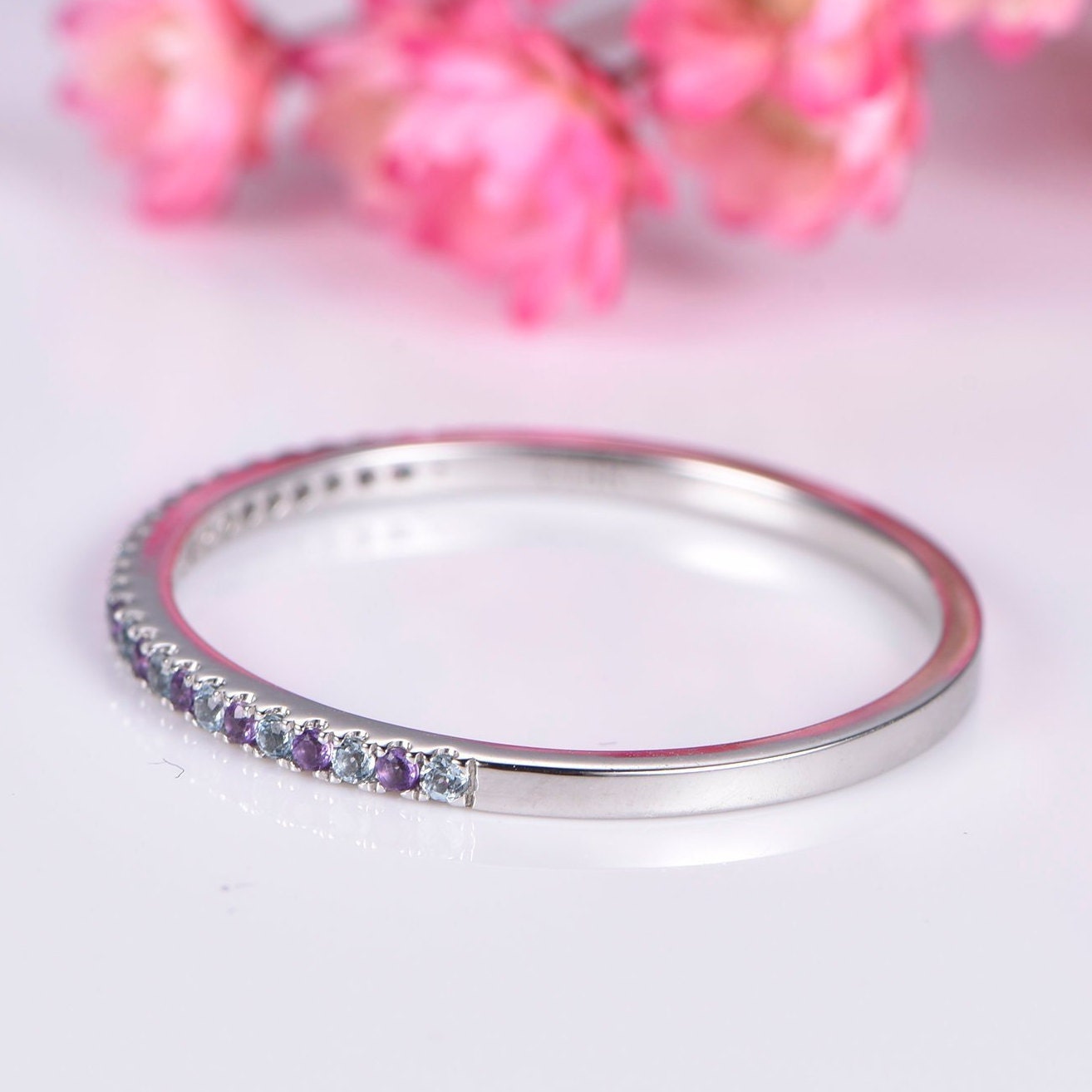 Amethyst aquamarine wedding ring half eternity matching band 14k white gold natural VS aquamarine & IF amethyst pave set tiny ring