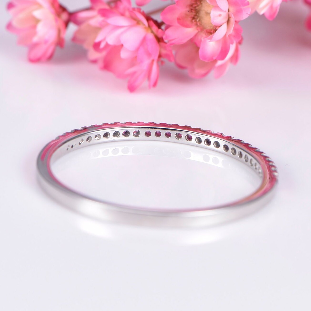 Amethyst aquamarine wedding ring half eternity matching band 14k white gold natural VS aquamarine & IF amethyst pave set tiny ring