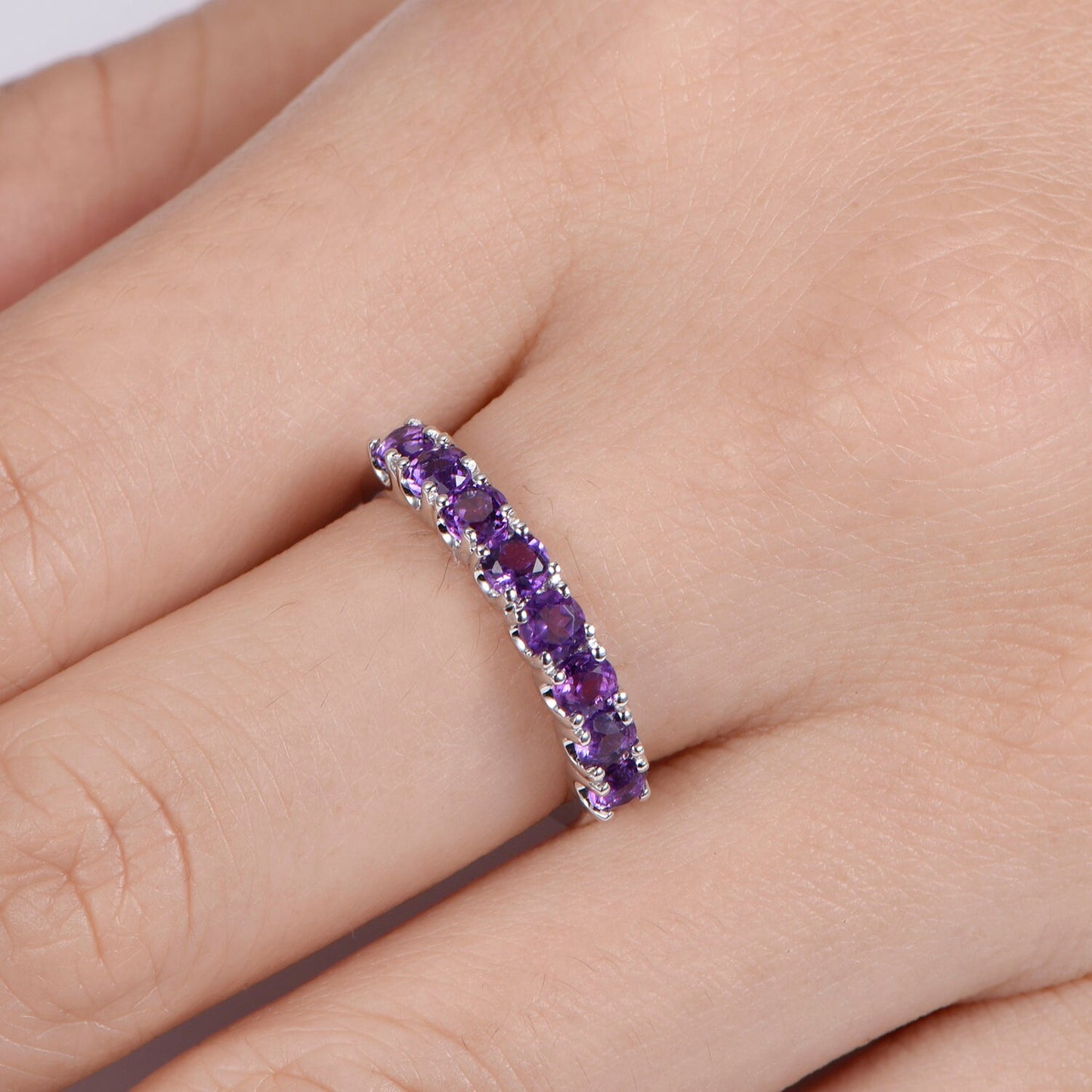 Amethyst ring 3mm round cut amethyst wedding band half eternity ring 14k rose gold matching band prongs set natural gemstone February Ring