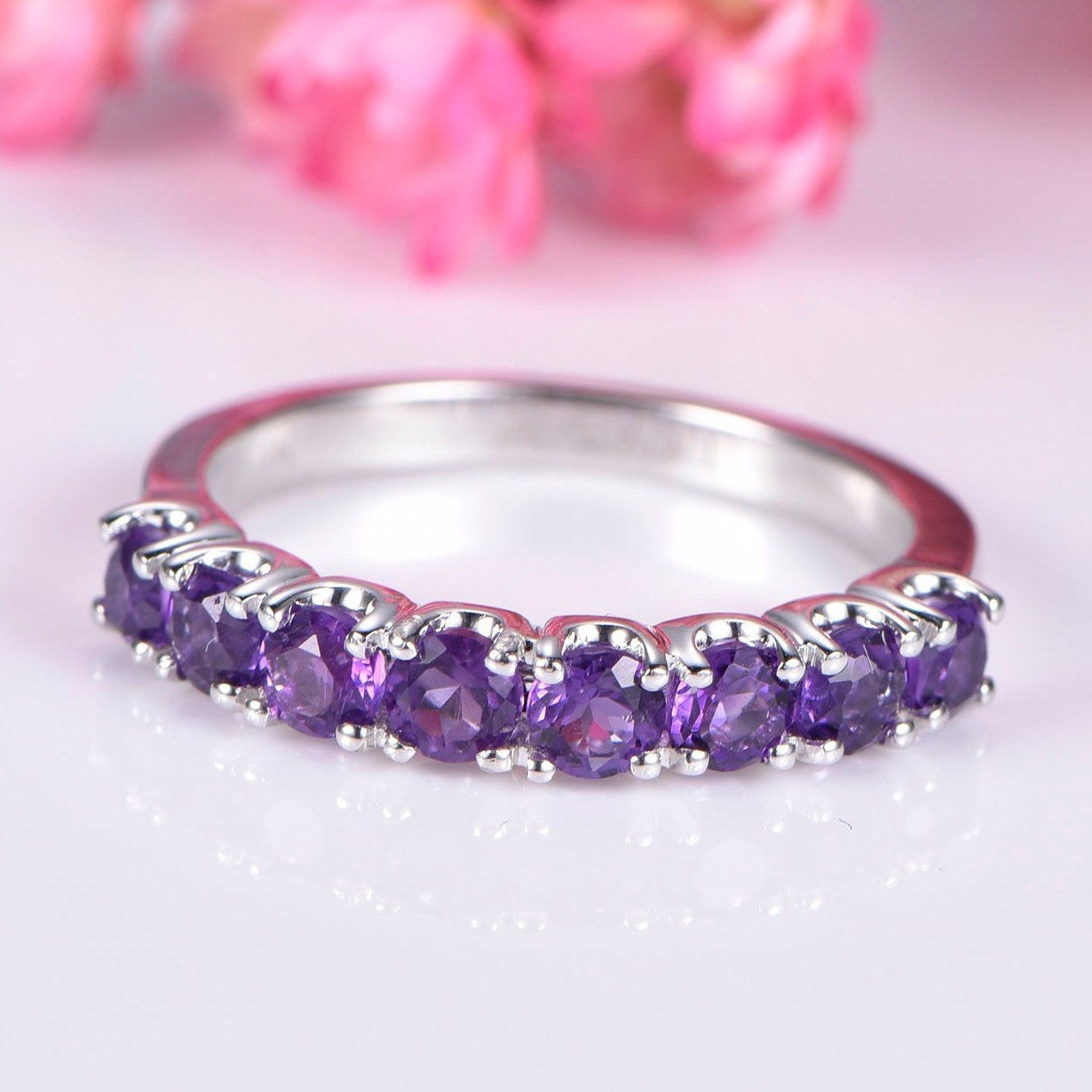 Amethyst ring 3mm round cut amethyst wedding band half eternity ring 14k rose gold matching band prongs set natural gemstone February Ring