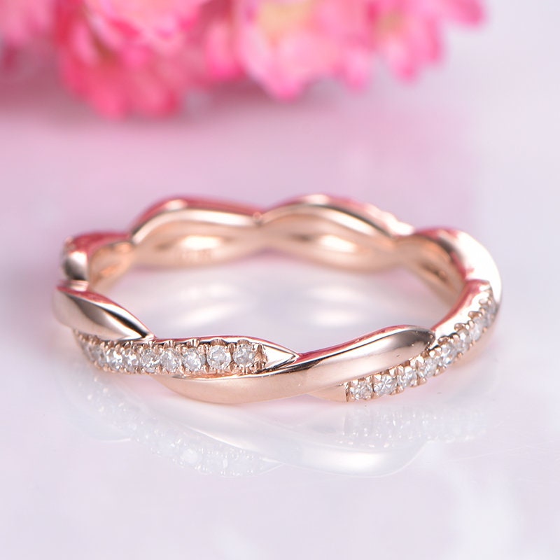 Diamond wedding band 14k rose gold twist diamond matching wedding ring natural SI stone stacking bridal ring custom jewelry