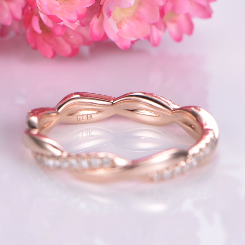 Diamond wedding band 14k rose gold twist diamond matching wedding ring natural SI stone stacking bridal ring custom jewelry