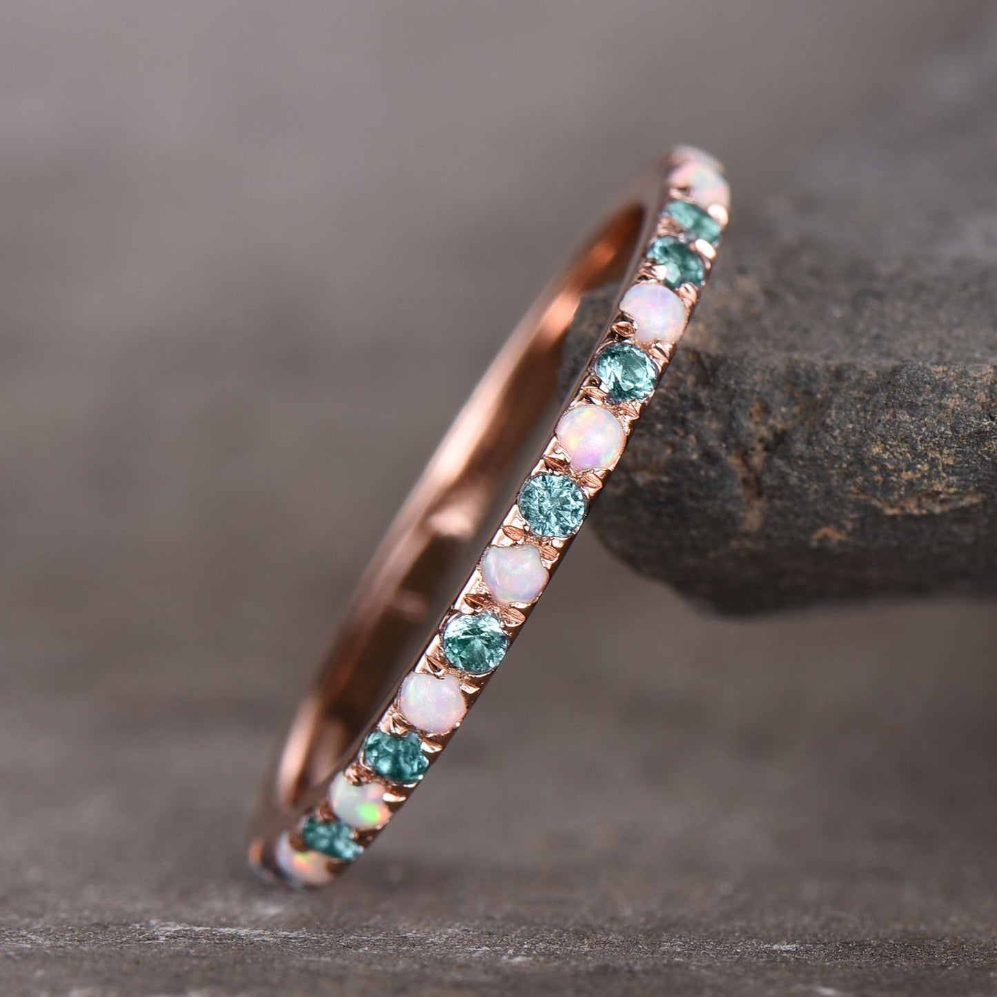 Alexandrite and Opal Ring Alternating Stone Ring Unique Opal Wedding Band Eternity Band Rose Gold Plated Anniversary Gift Bridal Ring