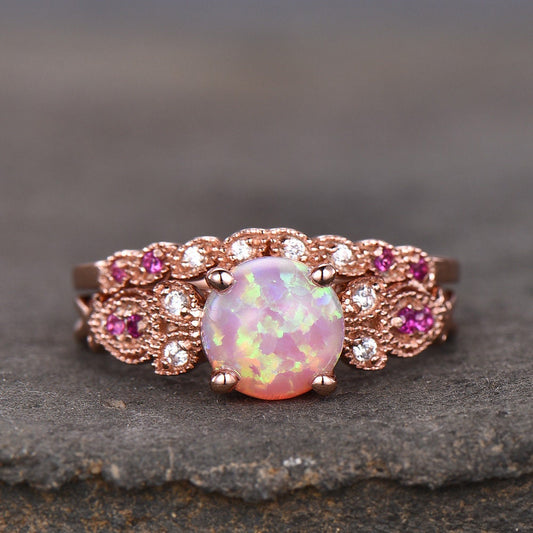 Vintage Ring Set Pink Fire Opal Engagement Ring Natural Ruby Stones Art Deco Simulated Diamond Sterling Silver Wedding Set Promise Ring