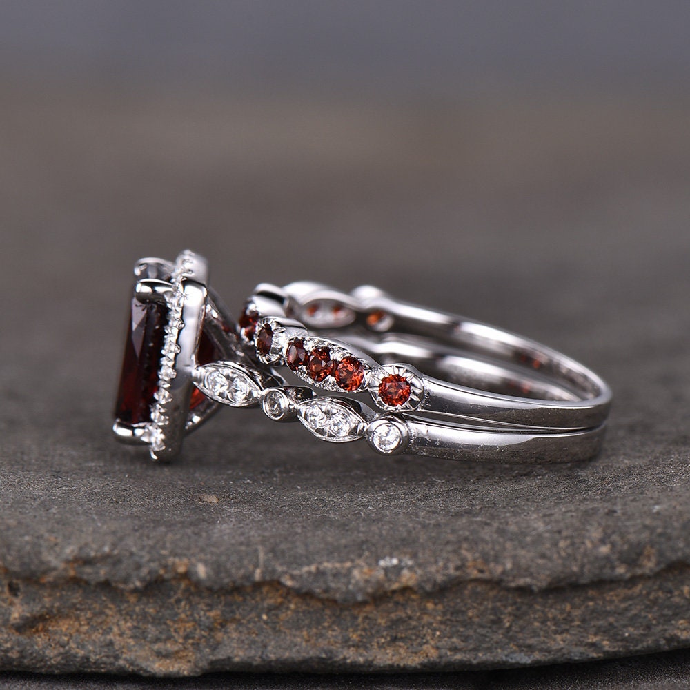 Garnet Wedding Set Natural Red Garnet Cushion Cut Sterling Silver Ring Art Deco Wedding Band Handmade Gift Birthday Gift Ring Vintage