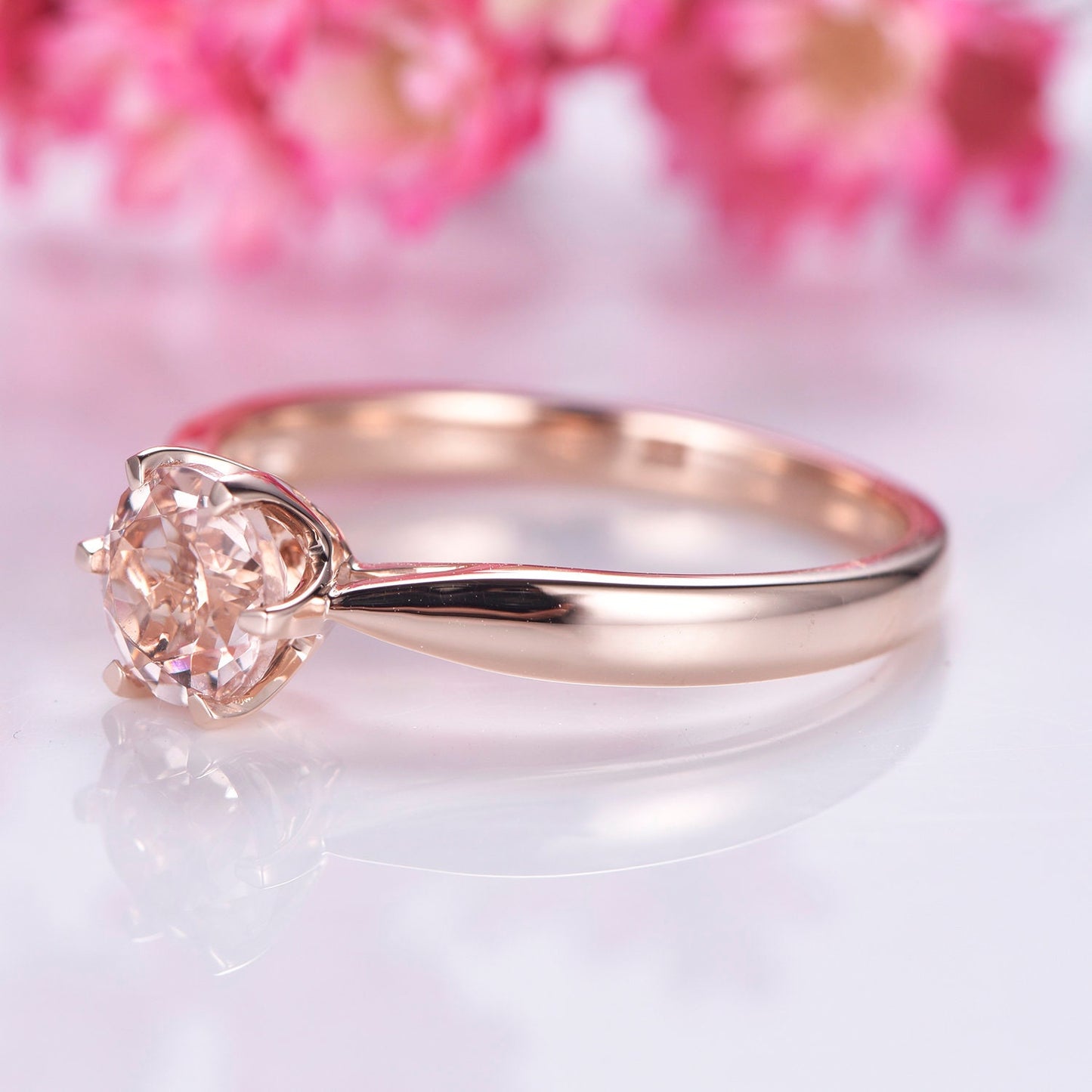 Morganite engagement ring rose gold plain band 14k solitaire gemstone ring 6.5mm round cut natural morganite six prongs set Valentine
