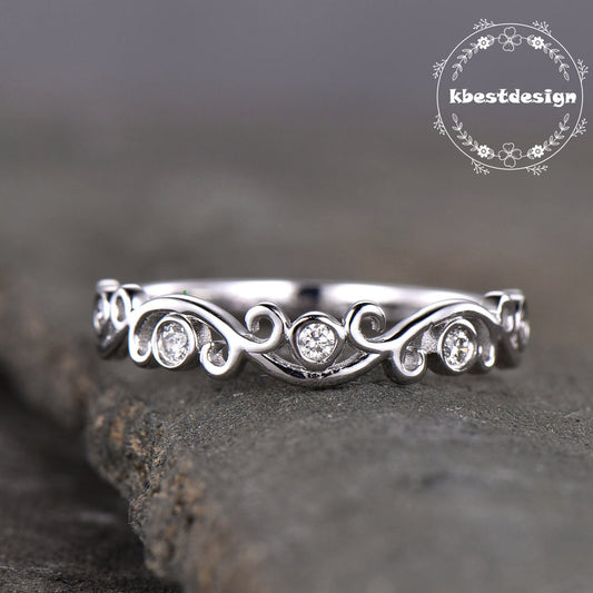 Delicate Sterling Silver Ring,Dainty Ring,Floral Ring,Stacking Ring,Diamond Simulated Band,Anniversary Gift