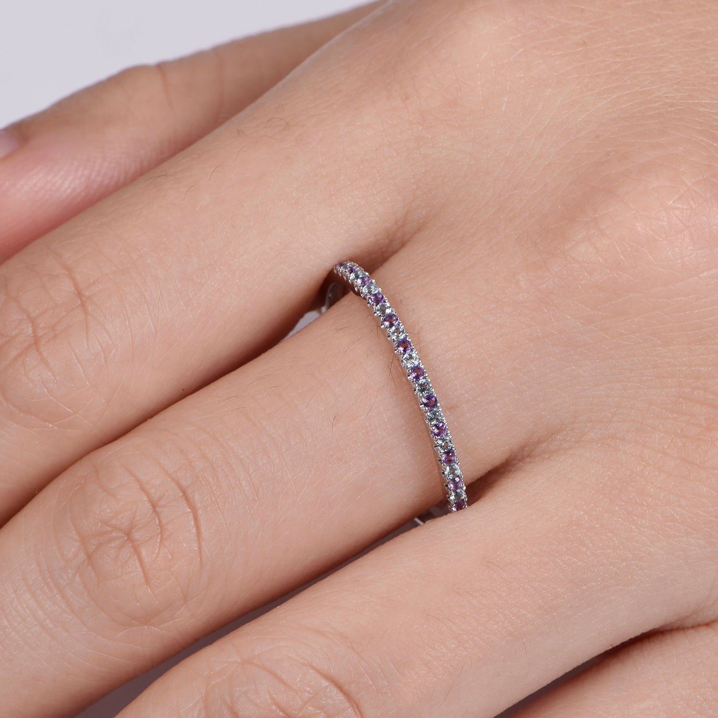 Amethyst aquamarine wedding ring half eternity matching band 14k white gold natural VS aquamarine & IF amethyst pave set tiny ring