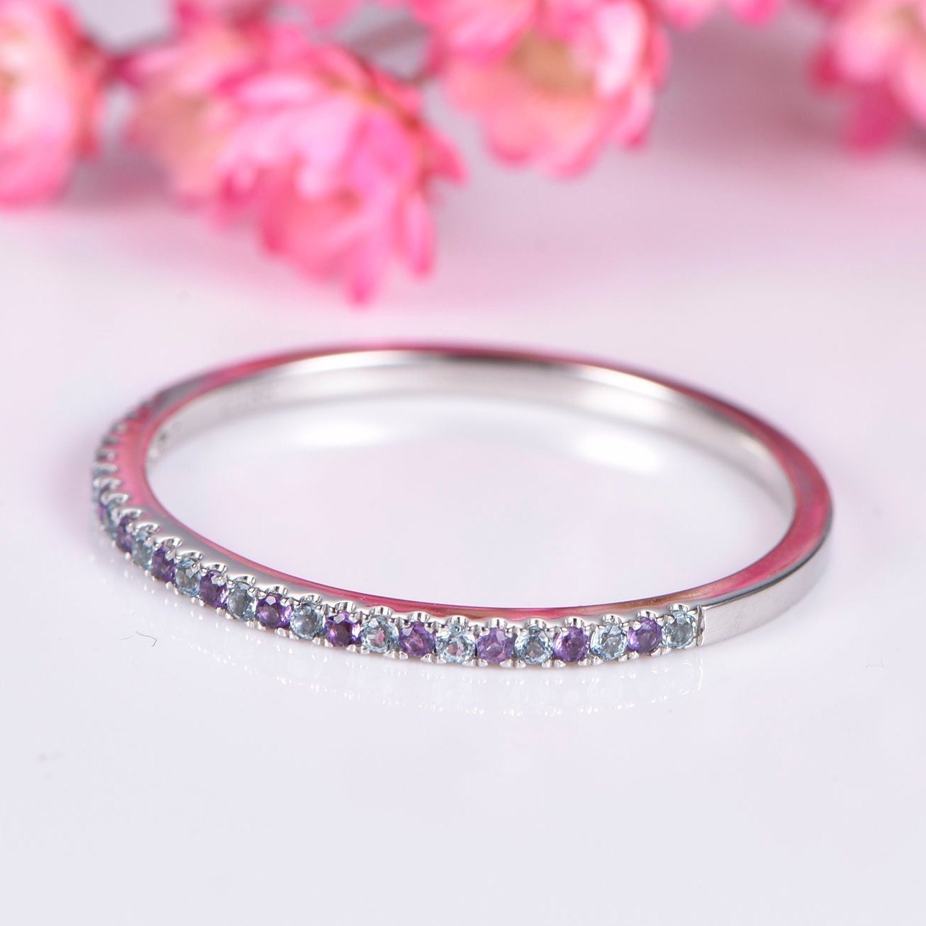 Amethyst aquamarine wedding ring half eternity matching band 14k white gold natural VS aquamarine & IF amethyst pave set tiny ring
