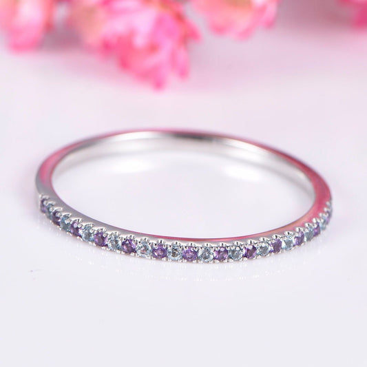 Amethyst aquamarine wedding ring half eternity matching band 14k white gold natural VS aquamarine & IF amethyst pave set tiny ring