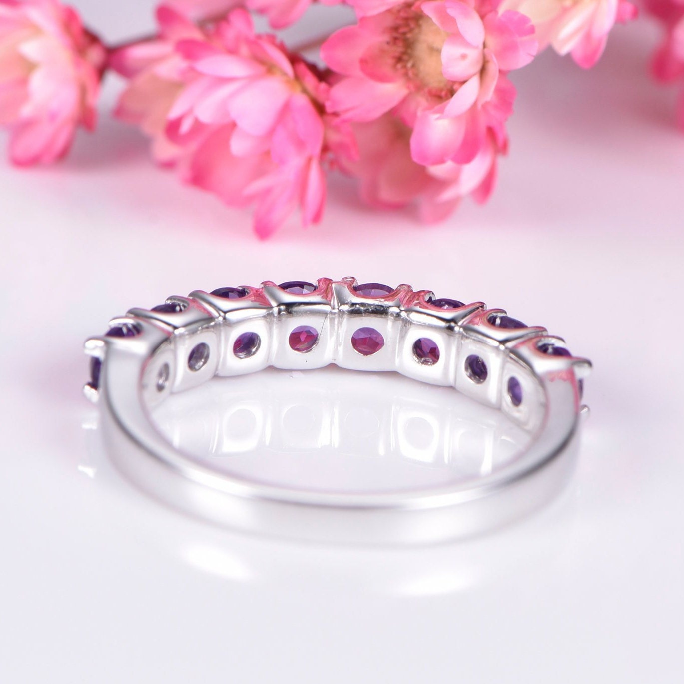 Amethyst ring 3mm round cut amethyst wedding band half eternity ring 14k rose gold matching band prongs set natural gemstone February Ring