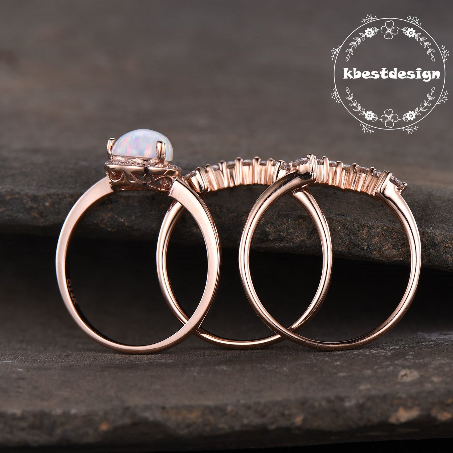 Opal Ring Vintage Sterling Silver Set Teardrop Opal Engagement Ring Crown Curved Stacking Ring Unique Bridal Jewelry Gift For Her