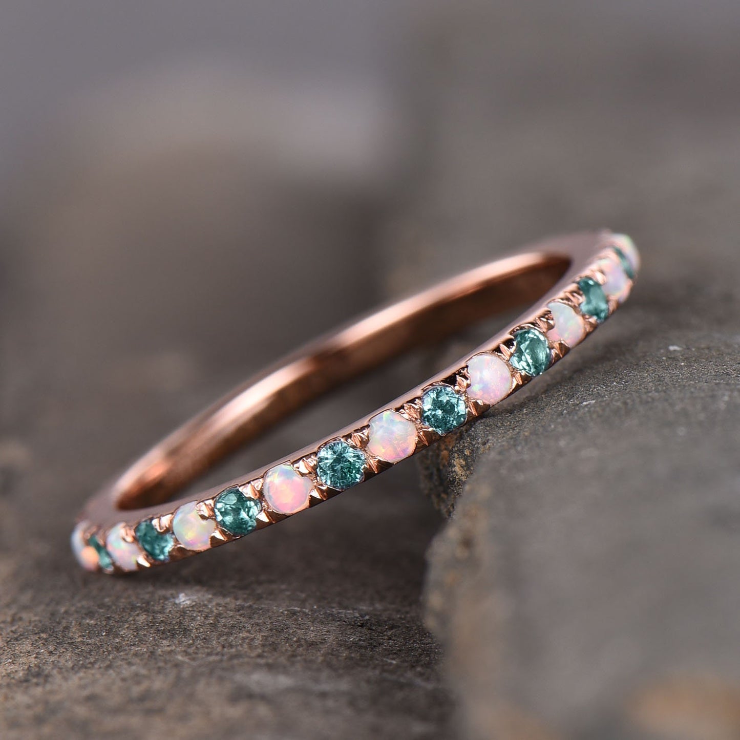 Alexandrite and Opal Ring Alternating Stone Ring Unique Opal Wedding Band Eternity Band Rose Gold Plated Anniversary Gift Bridal Ring