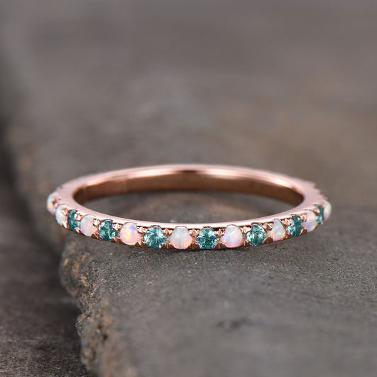 Alexandrite and Opal Ring Alternating Stone Ring Unique Opal Wedding Band Eternity Band Rose Gold Plated Anniversary Gift Bridal Ring