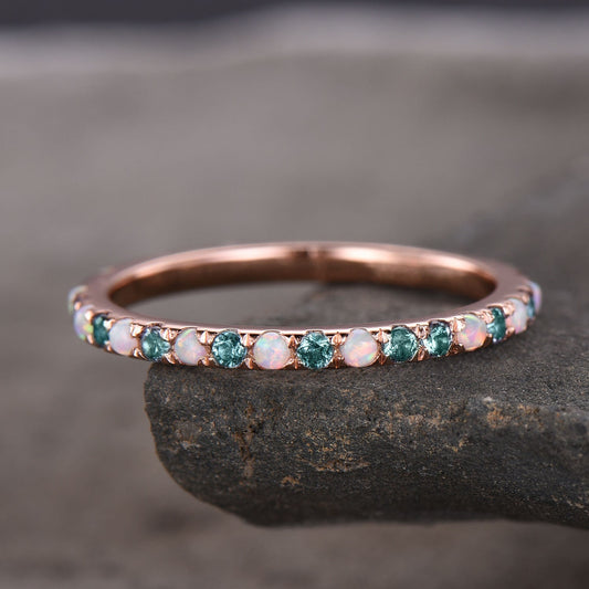 Alexandrite and Opal Ring Alternating Stone Ring Unique Opal Wedding Band Eternity Band Rose Gold Plated Anniversary Gift Bridal Ring
