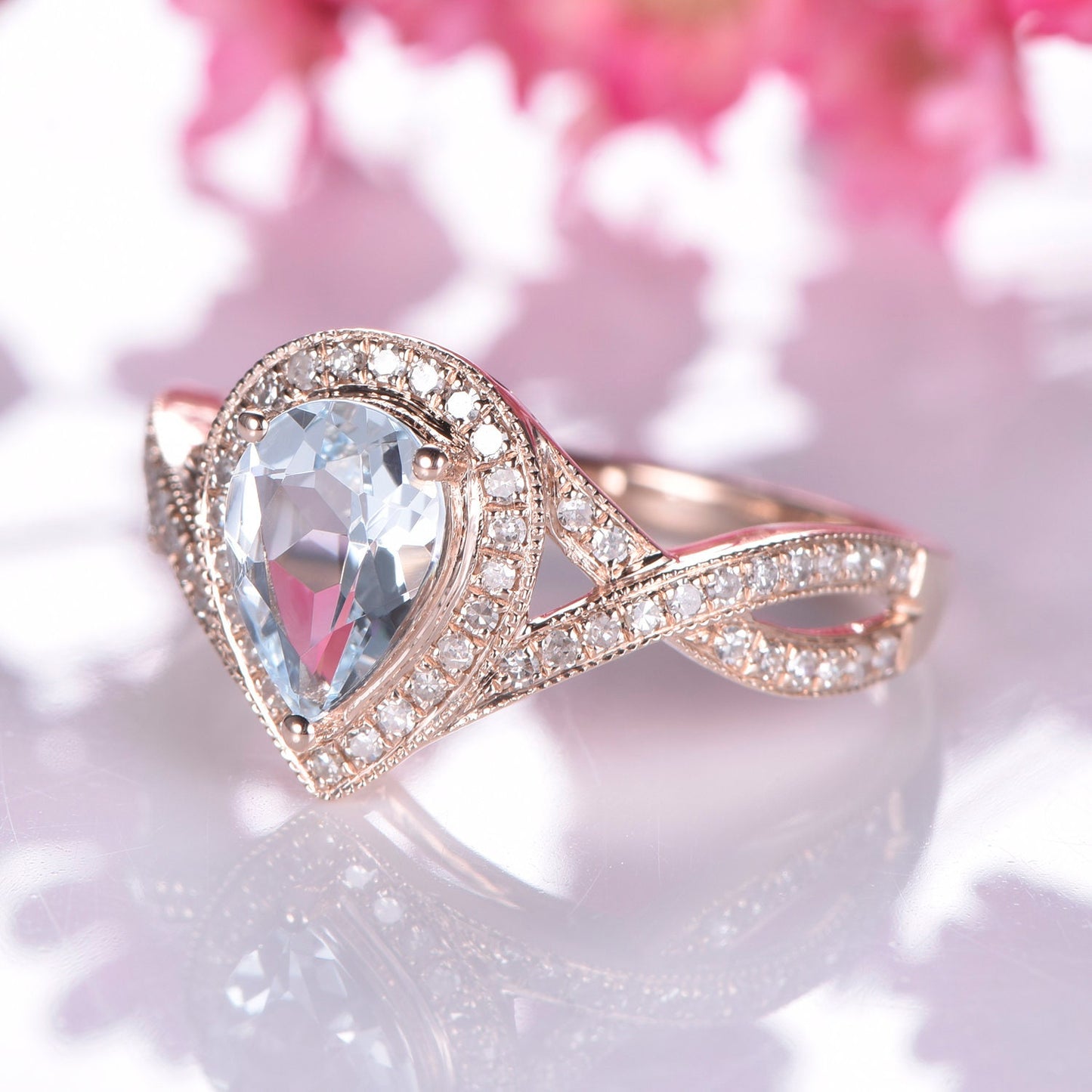 Aquamarine engagement ring split shank solid 14k rose gold wedding band 6x8mm pear cut VVS aquamarine natural diamond accents promise ring