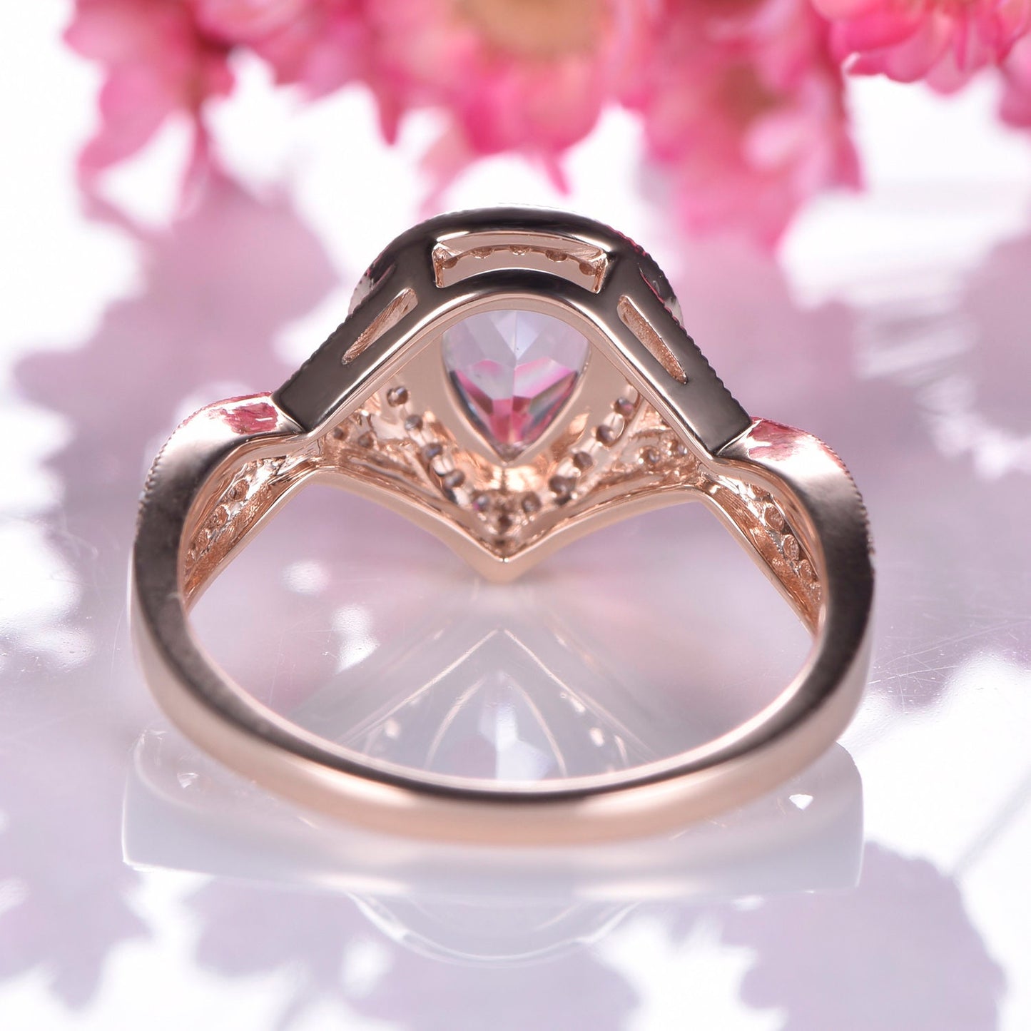 Aquamarine engagement ring split shank solid 14k rose gold wedding band 6x8mm pear cut VVS aquamarine natural diamond accents promise ring