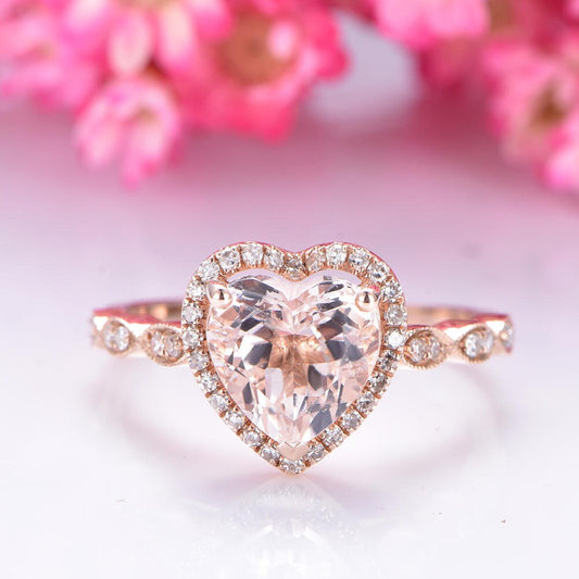 Morganite engagement ring 8mm heart pink morganite ring art deco diamond wedding band halo ring solid 14k rose gold bridal ring for women