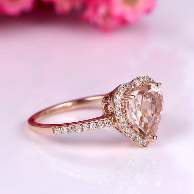 Morganite engagement ring pink morganite ring 8mm heart shape natural gemstone ring diamond ring diamond wedding band solid 14k rose gold