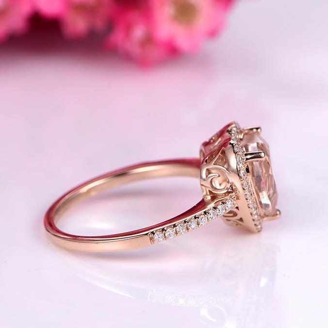 Morganite engagement ring pink morganite ring 8mm heart shape natural gemstone ring diamond ring diamond wedding band solid 14k rose gold