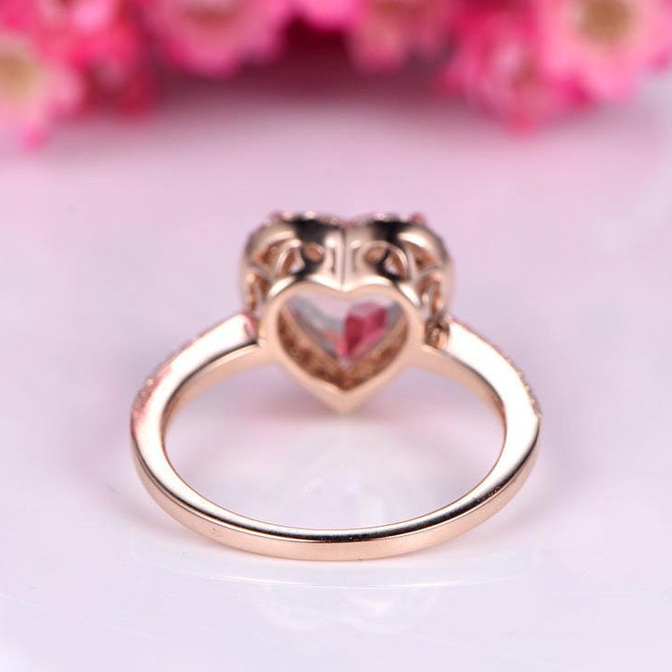 Morganite engagement ring pink morganite ring 8mm heart shape natural gemstone ring diamond ring diamond wedding band solid 14k rose gold
