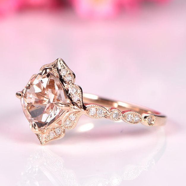 Natural morganite engagement ring 7mm cushion cut morganite ring floral diamond halo diamond wedding band solid 14k rose gold stacking ring
