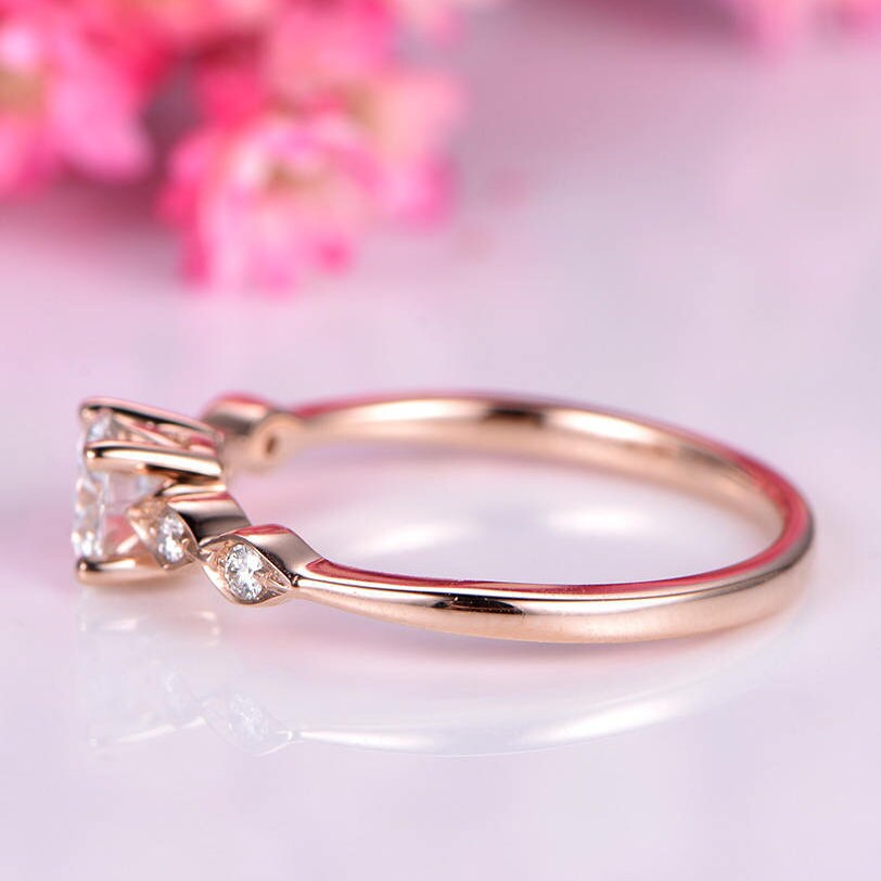 Danity moissanite engagement ring 5mm round cut moissanite 14k white gold art deco diamond wedding band bridal promise ring gift for her