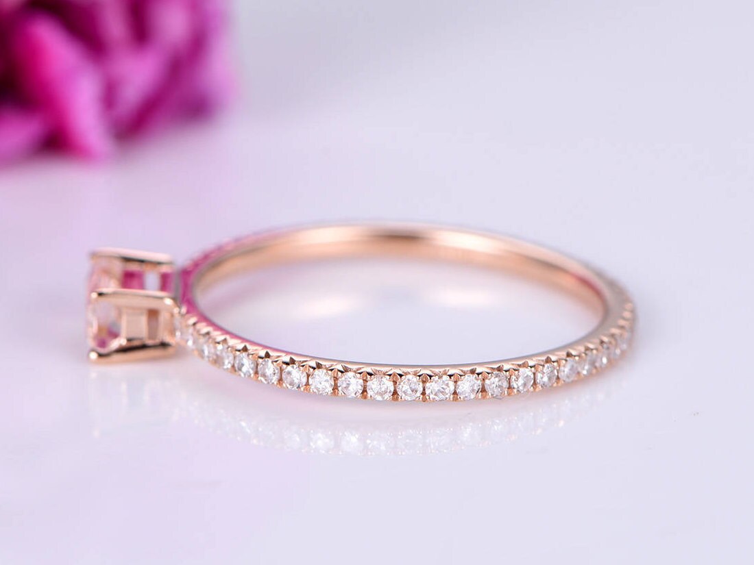 Baguette Morganite engagement ring natural morganite ring diamond ring diamond wedding band stacking ring bridal ring 14k rose gold ring