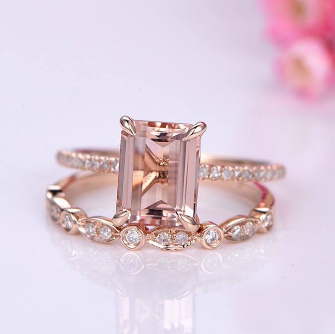 Morganite ring set emerald cut morganite engagement ring half eternity diamond band diamond stacking ring14k rose gold bridal ring set