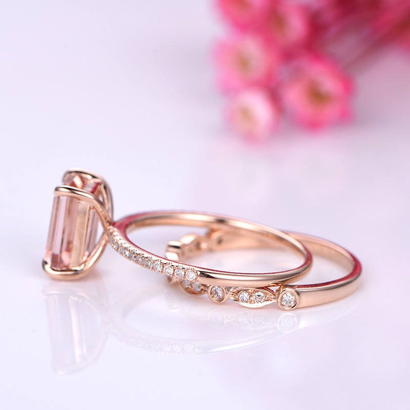 Morganite ring set emerald cut morganite engagement ring half eternity diamond band diamond stacking ring14k rose gold bridal ring set