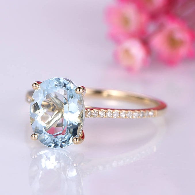 Aquamarine ring natural aquamarine engagement ring 8x10mm oval cut gemstone diamond thin band delicate jewelry custom ring 14k yellow gold