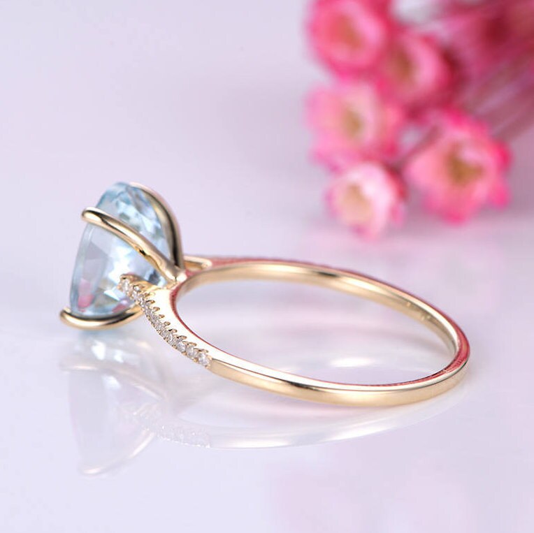 Aquamarine ring natural aquamarine engagement ring 8x10mm oval cut gemstone diamond thin band delicate jewelry custom ring 14k yellow gold