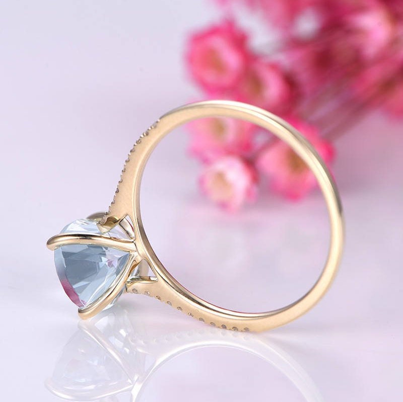 Aquamarine ring natural aquamarine engagement ring 8x10mm oval cut gemstone diamond thin band delicate jewelry custom ring 14k yellow gold