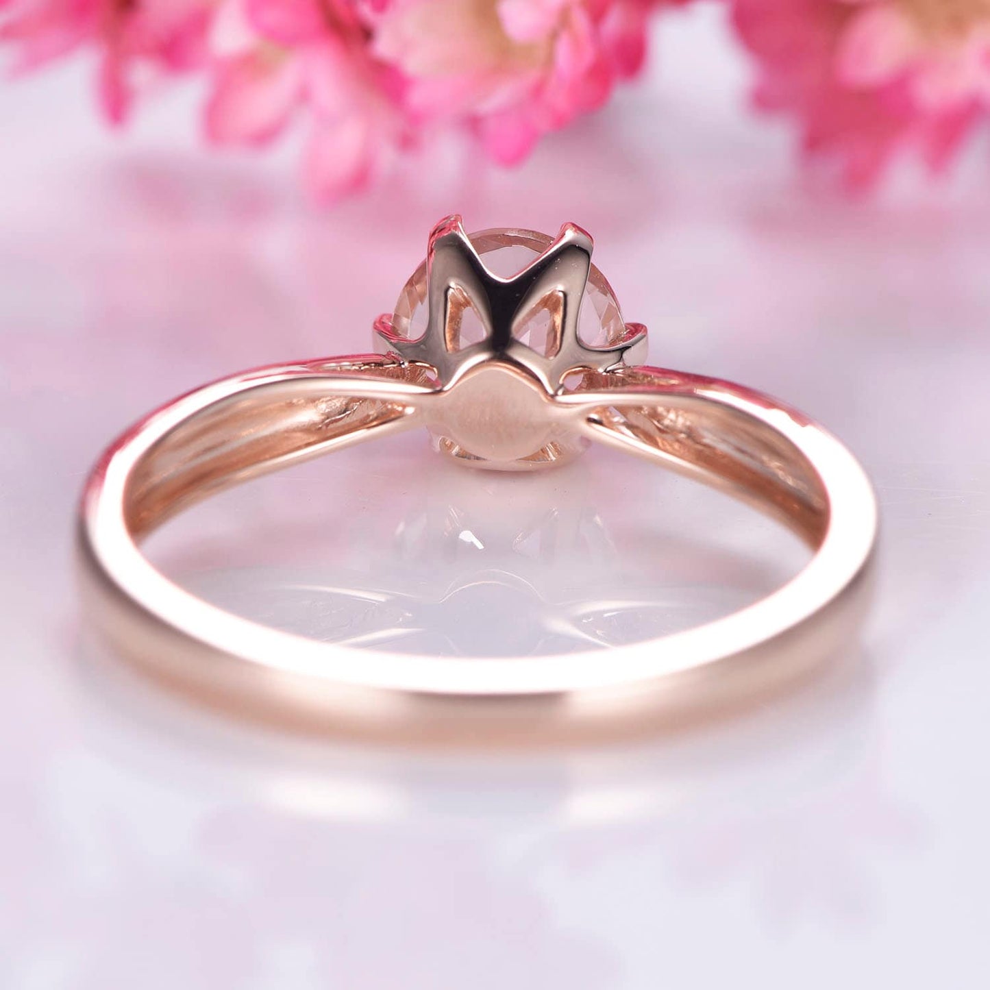 Morganite engagement ring rose gold plain band 14k solitaire gemstone ring 6.5mm round cut natural morganite six prongs set Valentine