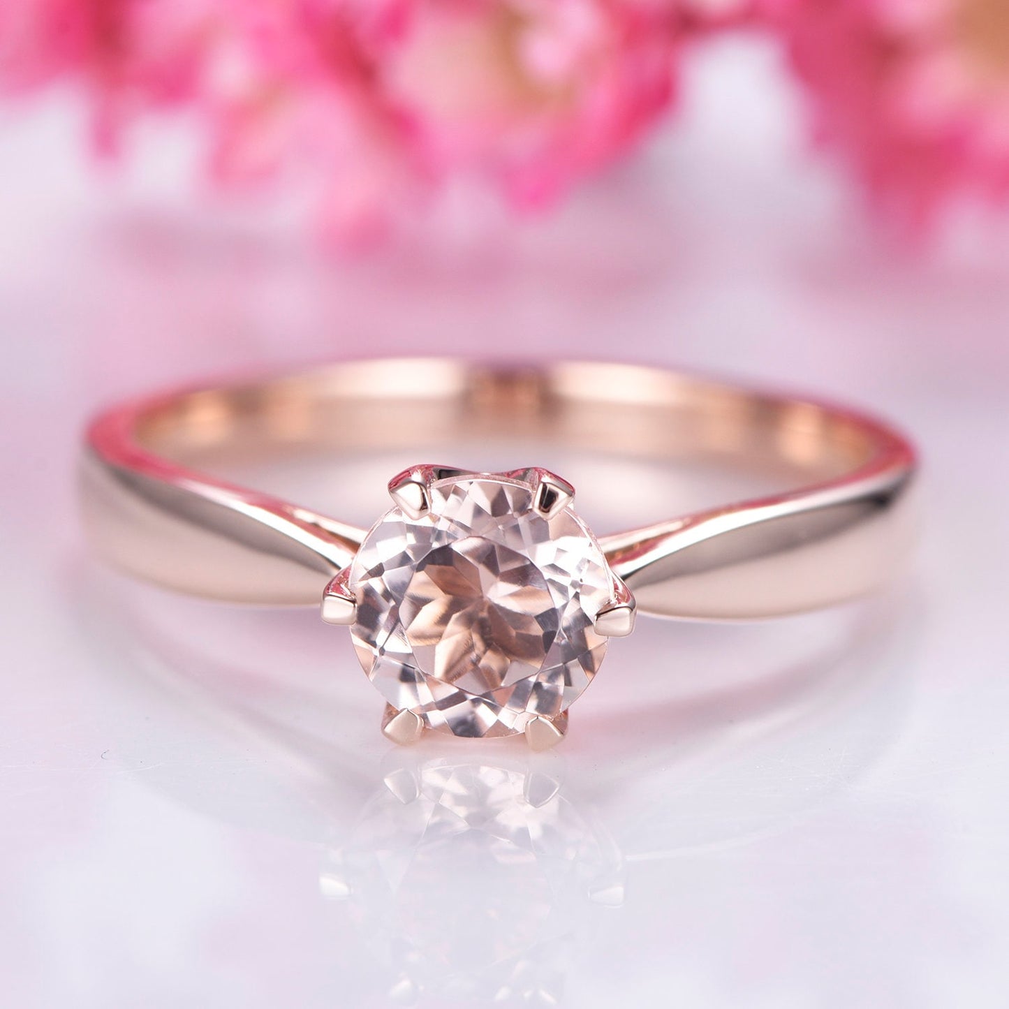 Morganite engagement ring rose gold plain band 14k solitaire gemstone ring 6.5mm round cut natural morganite six prongs set Valentine