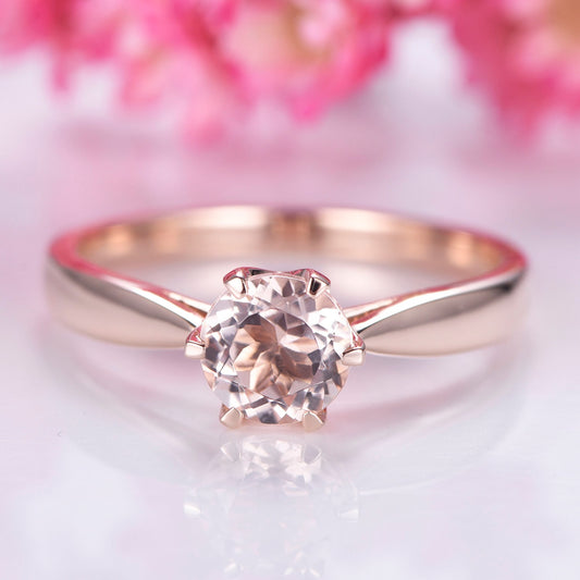 Morganite engagement ring rose gold plain band 14k solitaire gemstone ring 6.5mm round cut natural morganite six prongs set Valentine