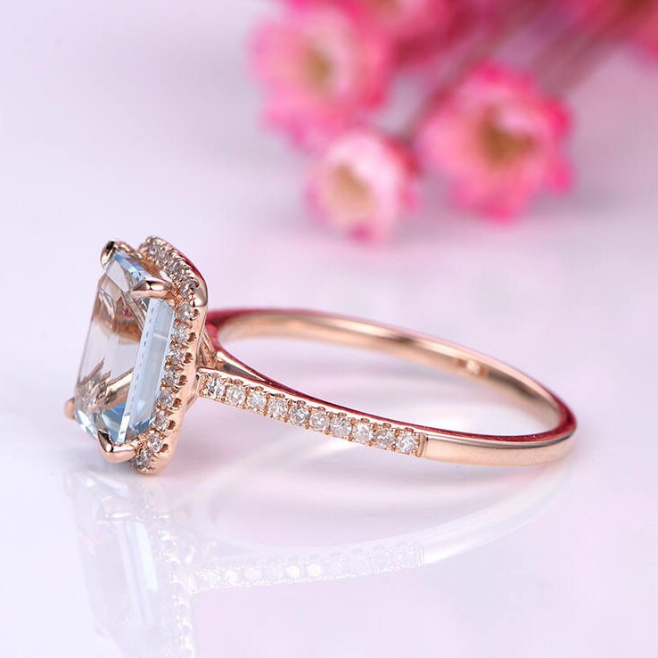 Aquamarine ring Aquamarine engagement ring diamond wedding band 6x8mm emerald cut birthstone anniversary ring 14k rose gold wedding ring